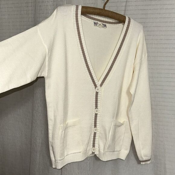 Pink Republic M Ivory Tan Stripe Trim Knit Button V-Neck Cardigan with Pockets - Picture 13 of 16